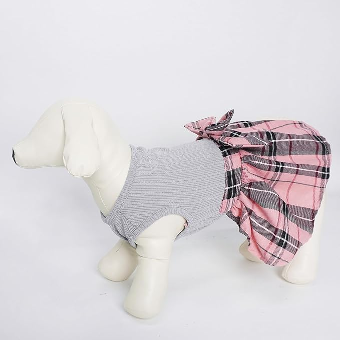 PUPTECK Classic Plaid Dog Dress Pet Apparel with Cute Bowtie Puppy Clothes Outfit,Grey,XS