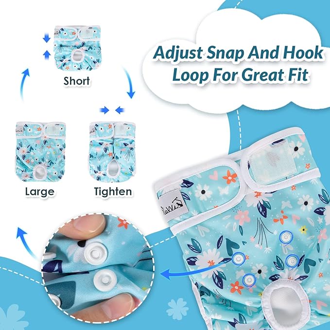 SlowTon Washable Dog Diapers Female - 3 Pack No Leak Reusable Doggie Puppy Diaper with Adjustable Buttons, Comfortable Female Dog Diapers for Heat Cycle Period Small Medium Large Dogs (XS)