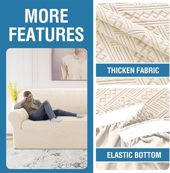 H.VERSAILTEX Jacquard Couch Covers for 3 Cushion Couch 1 Piece Stretch Sofa Covers Furniture Protector Anti-Slip Soft Thickened Dogs Slipcovers Washable Wind Bell Pattern(Sofa, Ivory)