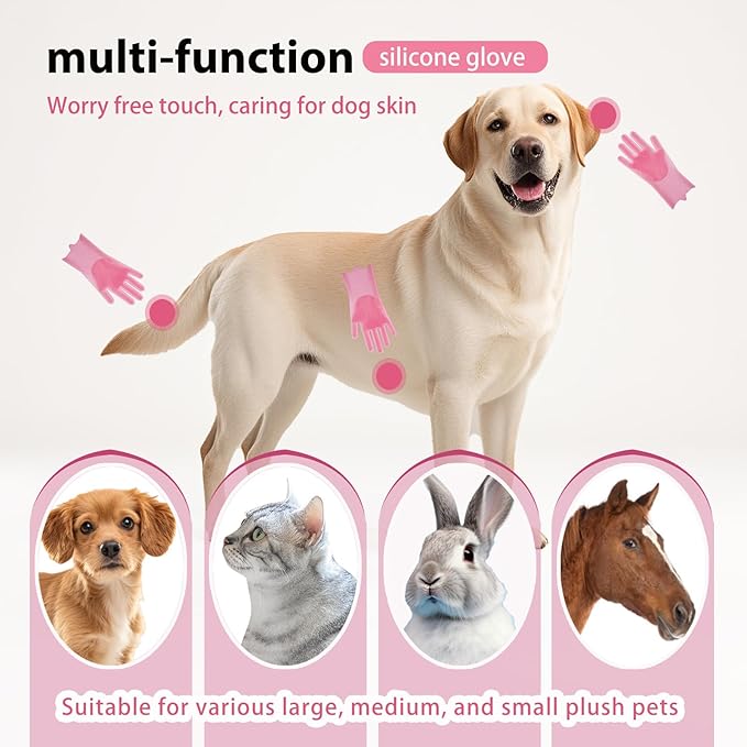 Dog Bath Gloves for Washing, Pet Grooming Gloves with Shampoo Brush, Dog Bath Brush for Dogs and Cats, Essential Dog Bath Supplies (1 Pair, Pink)