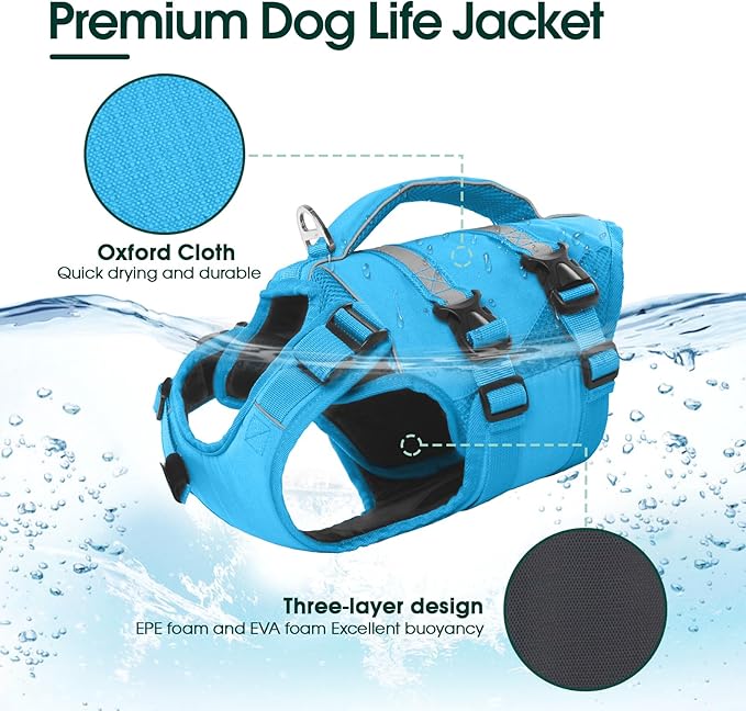 Kuoser Dog Life Jacket, High Flotation Dog Life Vest for Swimming Boating, Adjustable Ripstop Pet Lifesaver for Small Medium and Large Dogs, Reflective Safety Puppy Swimming Vest with Rescue Handle