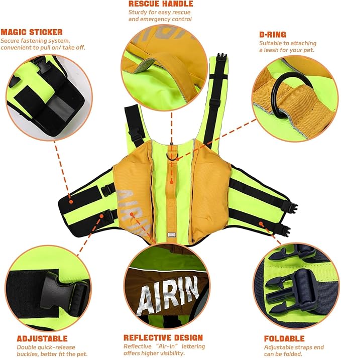 Dog Life Jacket, Inflatable Dog Life Vest with Airbags for Swimming & Boating in Every Adventure, Adjustable Reflective Dogs Swim Vest Complete Protection for Puppy Pet-Orange, Size C