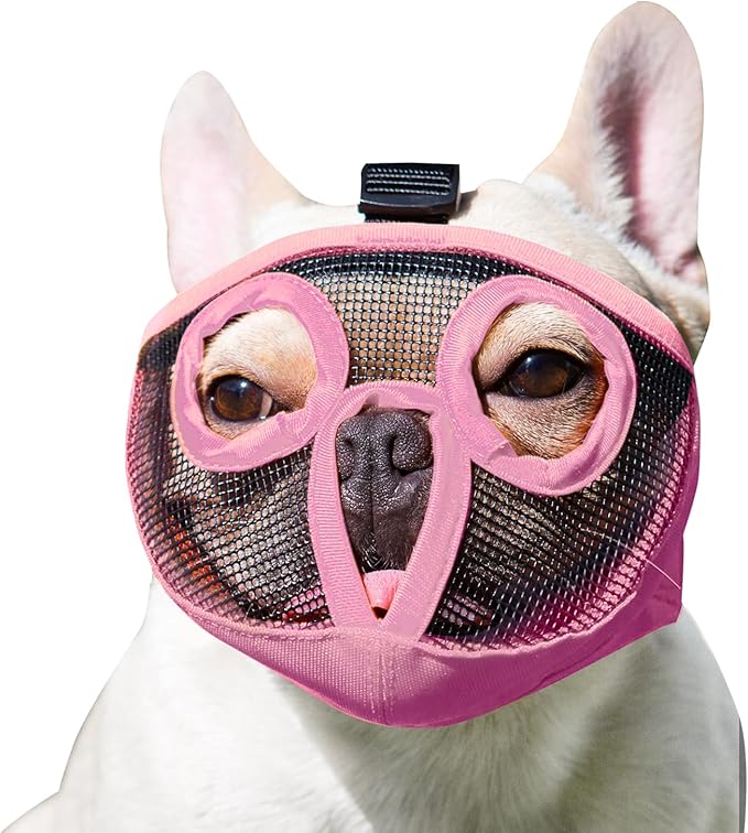 Short Snout Dog Muzzles- Adjustable Breathable Mesh Bulldog Muzzle for Biting Chewing Licking Training Grooming Dog Mask (Pink, X-Large/ 18"-25")