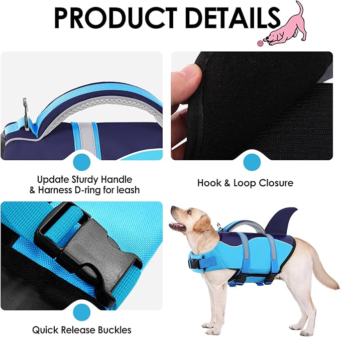 AOFITEE Dog Life Jacket, Dog Life Vest for Swimming, Shark Dogs Swimming Vest with Rescue Handle and Reflective Stripe, Ripstop Pet Float Coat Swimsuit Lifesaver Small Medium Large Dogs Blue XL