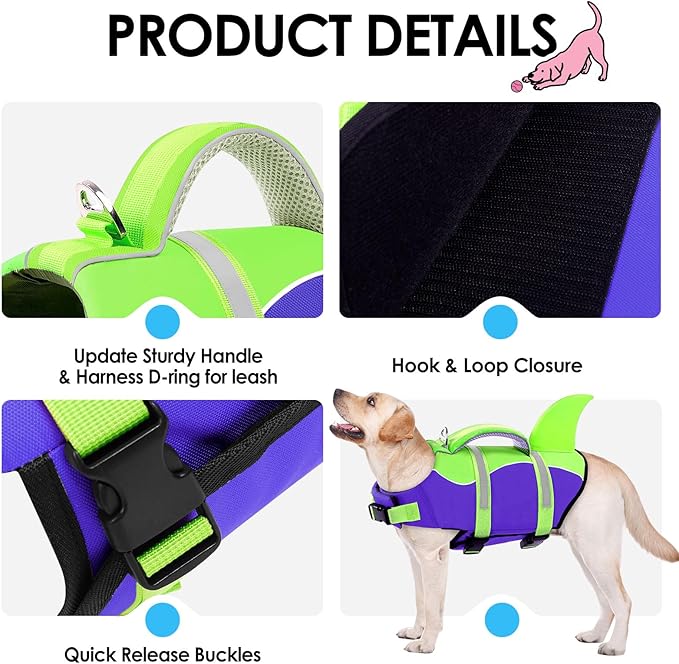 AOFITEE Dog Life Jacket, Dog Life Vest for Swimming, Shark Dogs Swimming Vest with Rescue Handle and Reflective Stripe, Ripstop Pet Float Coat Swimsuit Lifesaver Small Medium Large Dogs Green S