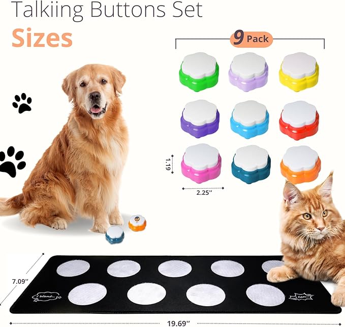 Dog Buttons for Communication, 9pcs Recordable Talking Buttons Set with Mat & Stickers, Pet Training Buttons for Dogs & Cats, Speaking Buttons