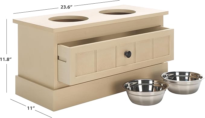 SAFAVIEH Home Collection Boomer Natural Brown Elevated Pet Feeder Dog Bowl Stand with Drawer (Fully Assembled)