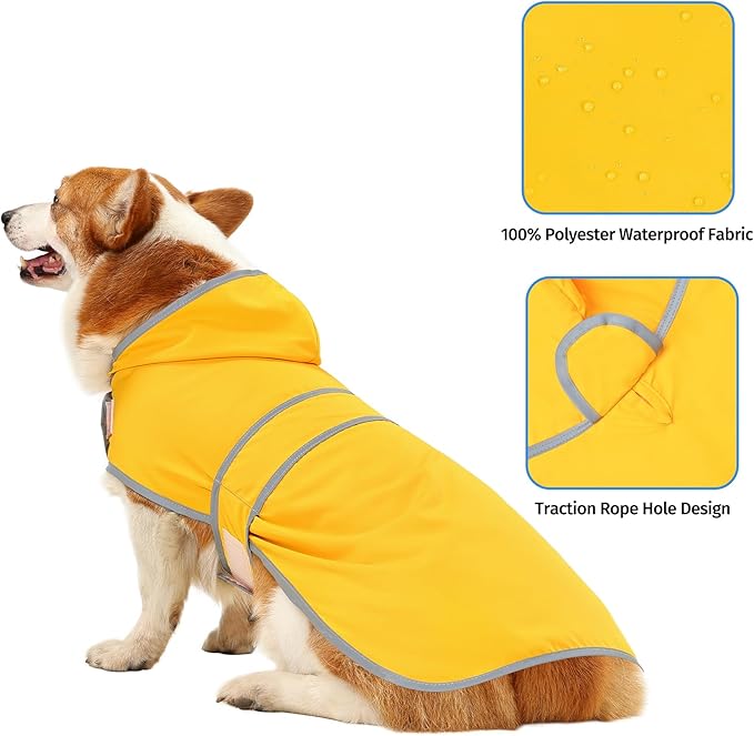 Dog Raincoat for Medium Dogs Waterproof Jacket Hooded Rain Coats with Reflective Strips Leash Hole & Poncho Adjustable Fit (Yellow,L)