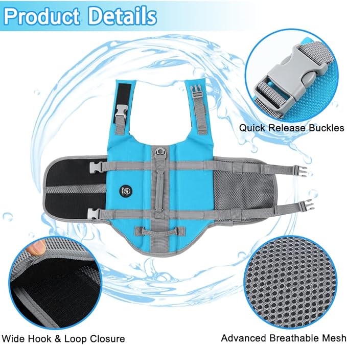 EMUST Dog Life Vests, Adjustable Pet Life Jacket with Rescue Handle, Dog Flotation Vest for Small/Medium/Large Dogs, XS, NewSolidblue