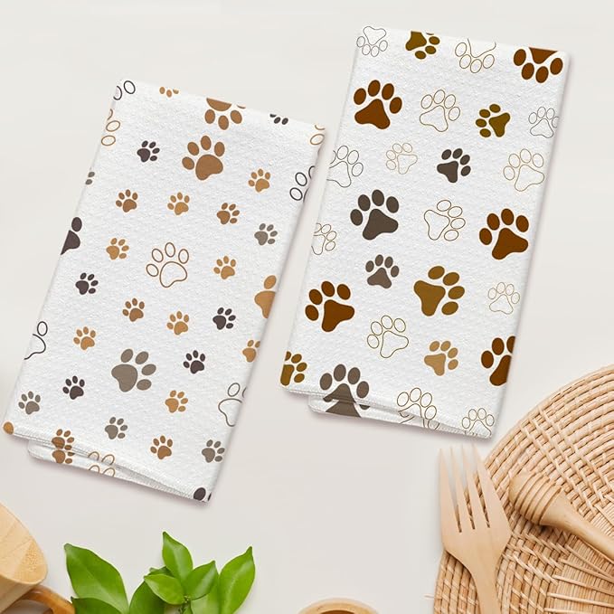 Brown and White Dog Paw Print Kitchen Towels and Dishcloths Set of 2, Cute Decorative Hand Towel Drying Cloth for Bathroom, Gifts for Dog Lovers, Hostess, Women, 16x24 Inches -20