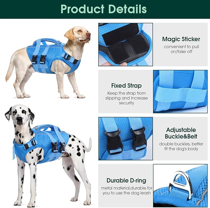 Kuoser Dog Life Jacket High Flotation, Reflective Dogs Life Vest for Swimming Boating, Adjustable Small Medium Large Dog lifejacket, Lightweight Dogs Life Preserver Rescue Handle Spring Summer Pool