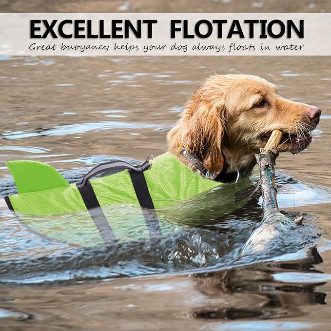 Queenmore Ripstop Dog Life Jacket Shark Life Vest for Dogs, Safety Lifesaver with High Buoyancy and Lift Handle for Small and Medium Breeds（Green M）