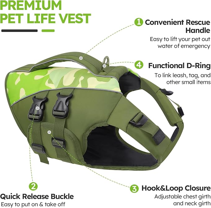 Queenmore Dog Life Jacket,Life Vest for Extra Large Dogs,Adjustable Reflective Dog Swimming Vest,Superior Buoyancy Dog Lifesaver,High Floating Pet Life Vest for Swimming(Green Camouflage,2XL)