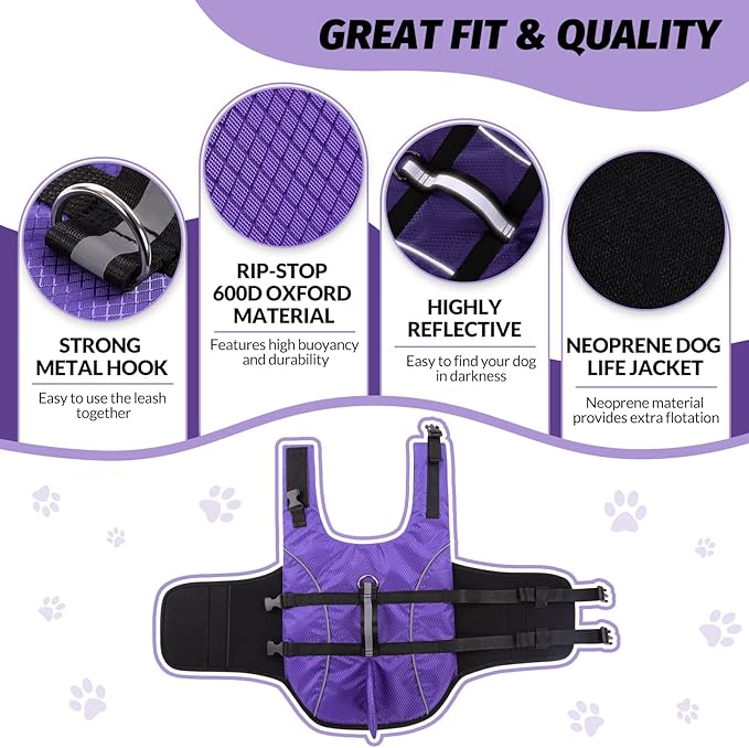 Queenmore Small Dog Shark Life Jacket for Swimming Boating Kayaking, High Buoyancy Puppy Dog Life Preserver with Strong Rescue Handle and Reflective Light (Purple, S)