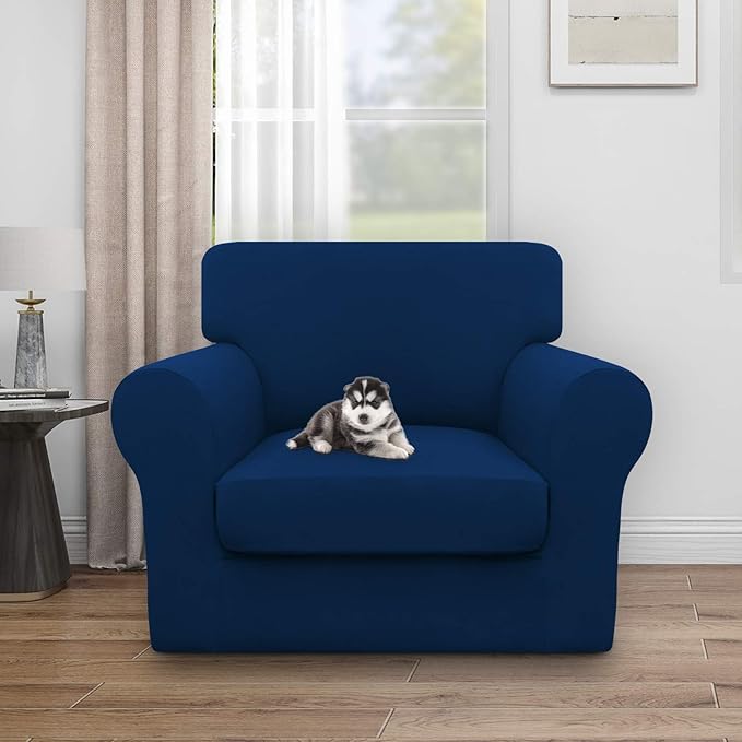 Easy-Going 100% Dual Waterproof 2 Pieces Chair Cover Stretch Soft Couch Cover for Dogs, Sofa Slipcover for 1 Separate Cushion Couch Leakproof Furniture Protector for Kids, Pets Navy