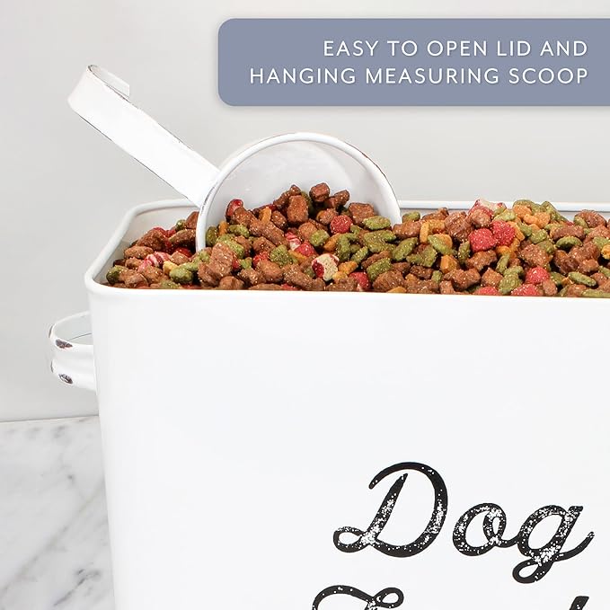 AuldHome Design Rustic Dog Food Canister, White Farmhouse Style Storage Bin for Small Dogs