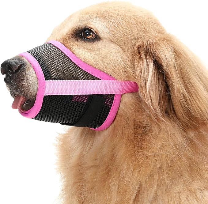 Mayerzon Dog Muzzle, Breathable Mesh Mouth Guard with Adjustable Hook and Loop for Large Dogs Labrador Retriever, Prevent Biting Chewing, for Grooming Trimming (XL, Pink/Black)