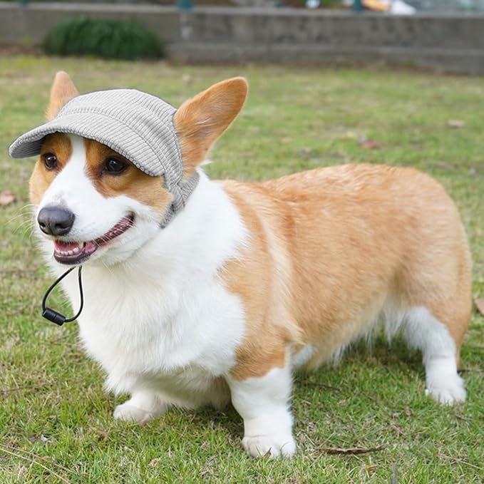 Dog Baseball Cap, Dog Cat Summer Beach Visor Hat with Ear Holes, Adjustable Puppy Sunbonnet Headdress (Grey, Large)