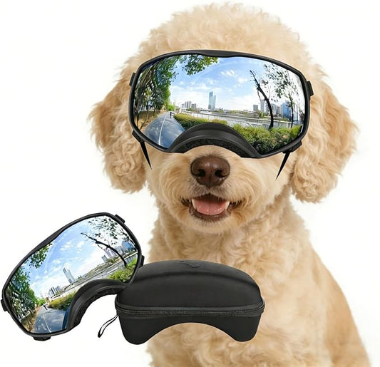 NAMSAN Dog Goggles for Large Dogs, Wide Eyecup & Soft Frame, Anti-UV Sunglasses for Dogs Medium to Large Breed, Driving Dog Eye Protection, Windproof Dustproof, Adjustable, Reflect Silver Lens