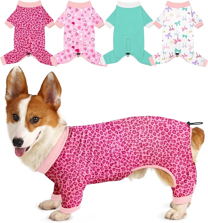 Bienbee Dog Pajamas, 4 Pack Dog Recovery Suit Shedding Suit Cute Soft Puppy Clothes Dogs Pjs Onesies Jammies Adjustable Breathable & Stretchy Clothes for Small Medium Large Dogs Girl Boy Puppy-XL