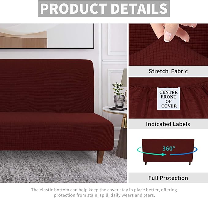 Easy-Going 100% Waterproof Futon Cover, Dual Waterproof Couch Cover for Futon, Stretch Jacquard Sofa Cover, Leakproof Furniture Protector for Kids, Pets, Dog and Cat (Medium, Wine)
