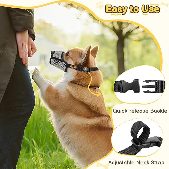 Mayerzon Dog Muzzle for Biting, Patented Soft Breathable Mesh Muzzle for Small Medium Dogs Chihuahua Dachshund Poodle, Adjustable Mouth Cover for Grooming, Chewing, Vet Visits (Black Trim, XS)