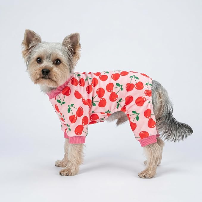 Fitwarm Cute Cherry Dog Pajamas, Warm Dog Onesie with Feet, Dog Clothes for Small Dogs Girl, Fleece Pet Outfit, Pink, Red, Medium