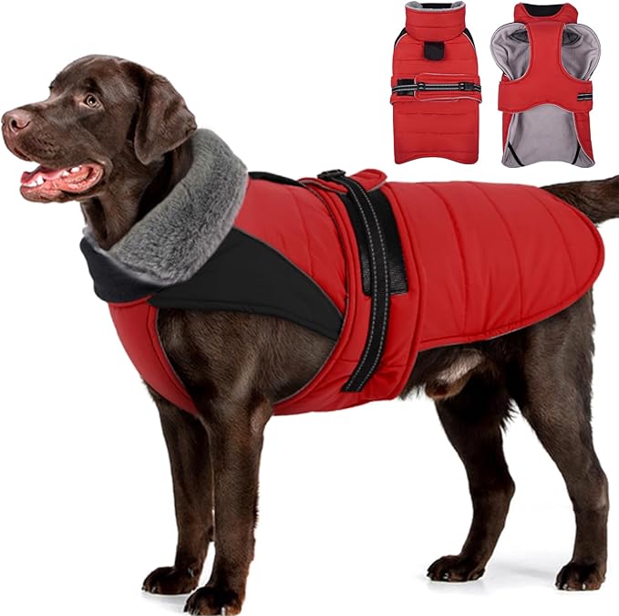 MIGOHI Snowproof Dog Coat - Thick Fleece Dog Jacket with Adjustable Collar, Keep Warm Winter Coat for Medium Dogs Cold Weather Walking Playing,Australian Shepherd,XL,RedBlack
