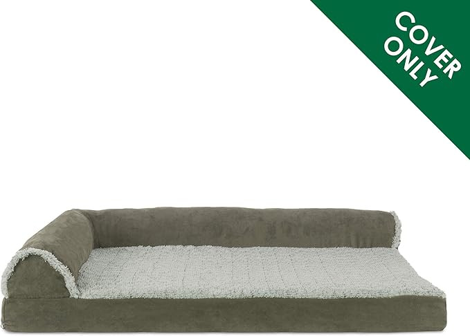 Furhaven Replacement Dog Bed Cover Two-Tone Faux Fur & Suede L Shaped Chaise, Machine Washable - Dark Sage, Jumbo (X-Large)
