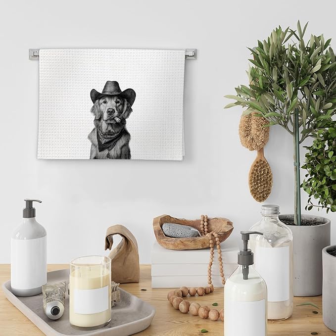 Golden Retriever Gifts Western Dog Kitchen Towels, Gifts for Golden Retriever Lovers Cowboy Decorative Hand Dish Tea Towel for Kitchen, Funny Dog Cowboy Cowgirl Home Bathroom Decor(16x24In)