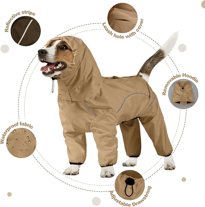 Dog Raincoat, Waterproof Dog Rain Jacket with Removable Hood，Adjustable 4 Legs Pet Poncho with Leash Hole，Reflective Stripe Hooded Snowproof Windproof Clothes for Small to 3X-Large Dogs, 2XL