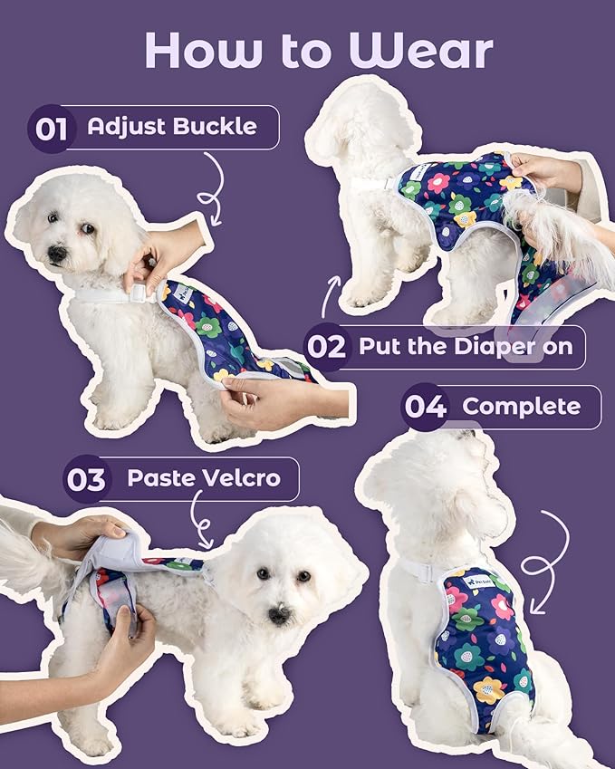 Pet Soft Dog Diapers Female Onesie Sanitary Pantie with Adjustable Suspender, Colorful Pattern Washable Puppy Diapers Female, Super Absorbent Underwear Dog Diaper for Heat (Floral, XL)
