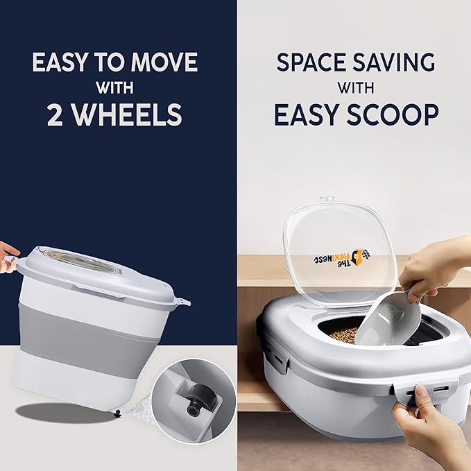 Dog Food Storage Container 30-35 lb, Airtight Collapsible Cute Dog Food Container with Wheels & Scoop, Stackable Pet Food Storage Container for Dog & Cat Food