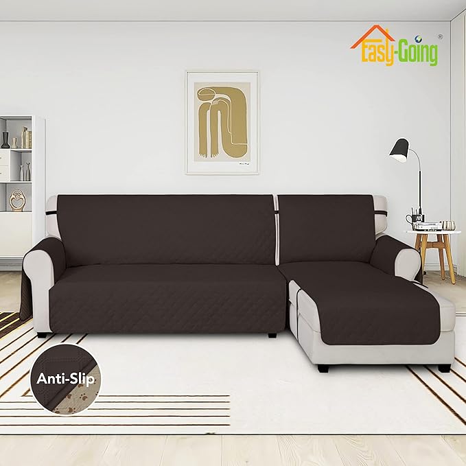 Easy-Going Waterproof Sectional Couch Covers with Chaise 2-Piece Non Slip L Shape Sofa Cover for Dogs Leakproof Furniture Protector Cover with Adjustable Strap for Pets (Small, Chocolate)