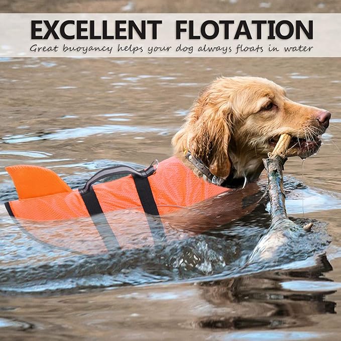 Ripstop Dog Life Jacket Shark Life Vest for Dogs, Safety Lifesaver with High Buoyancy and Lift Handle for Small and Medium Breeds（Orange XS）