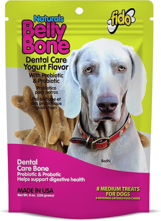 Fido - Belly Bones for Dogs, 8 Yogurt Flavor Medium Dog Dental Treats (Made in USA) - 8 Count Dog Treats for Medium Dogs - Plaque and Tartar Control for Fresh Breath, Digestive Health Support