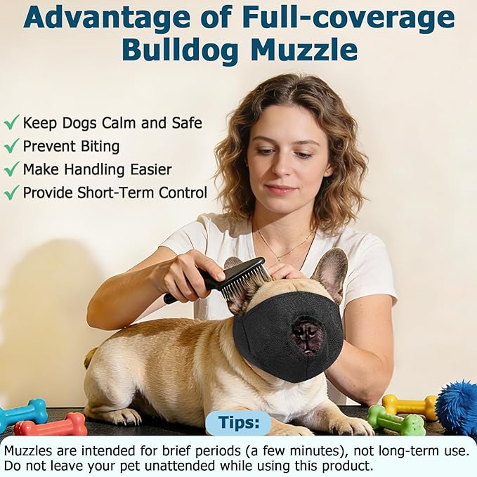 BARKLESS French Bulldog Calming Muzzle, Short Snout Shading Eye Mask to Help Calm The Dog Down, Soft Dog Muzzle for Grooming Vet Visits, Mouth Guard Prevent Biting (Black, L)