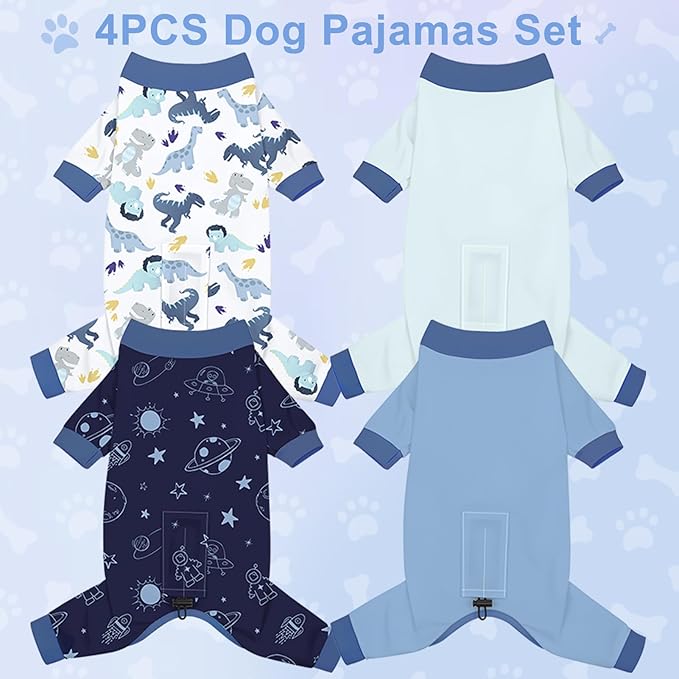 Bienbee Dog Pajamas, 4 Pack Dog Recovery Suit Shedding Suit Cute Soft Puppy Clothes Dogs Pjs Onesies Jammies Adjustable Breathable & Stretchy Clothes for Small Medium Large Dogs Girl Boy Puppy-2XL