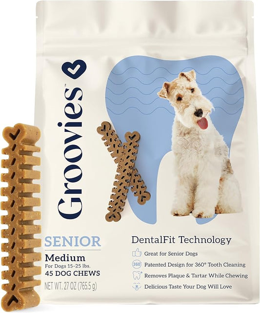 Groovies Gentle & Flexible Senior Dog Dental Chews, Contact-Cleaning Design Supporting Tartar Control & Fresh Breath, Oral Care Treats, USA Manufactured, Patented DentalFit Tech, Medium Dogs, 45 Chews