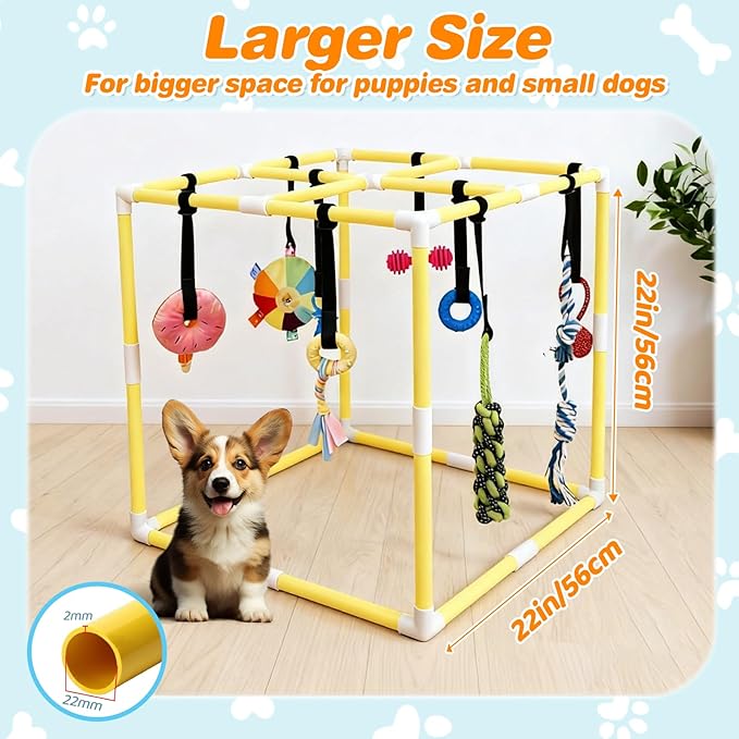 Puppy Play Gym with 17 Hanging Toys, Small Dogs Interactive Indoor Jungle Gym for Puppies, Dog Enrichment Activity Center, Adjustable PVC Frame with Straps, Teething & Squeaky Toys, Yellow