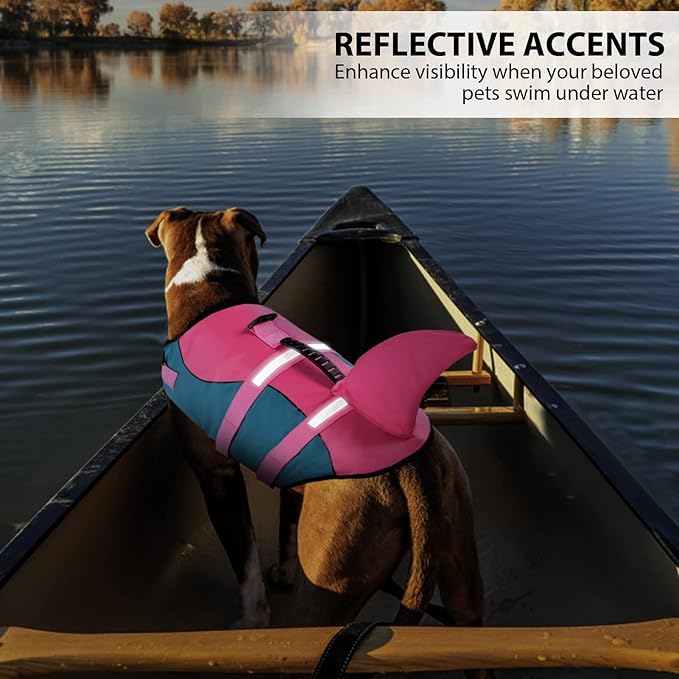 Queenmore Shark Dog Life Jacket - Adjustable Reflective Pet Life Preserver With Rescue Handle - Green XL