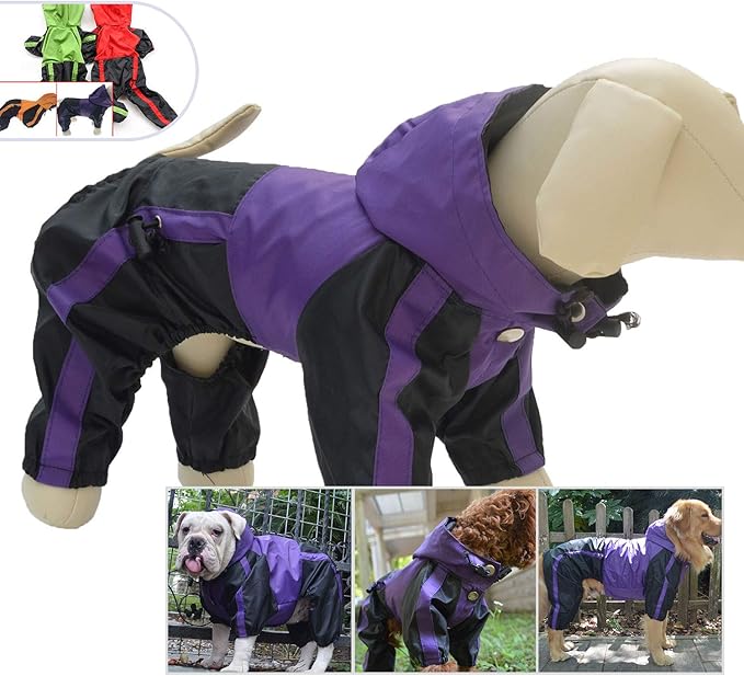 Lovelonglong American Bully Pitbull Dog Hooded Raincoat, Bulldog Rain Jacket Poncho Waterproof Clothes with Hood Breathable 4 Feet Four Legs Rain Coats for Pugs English French Bulldog Purple B-M