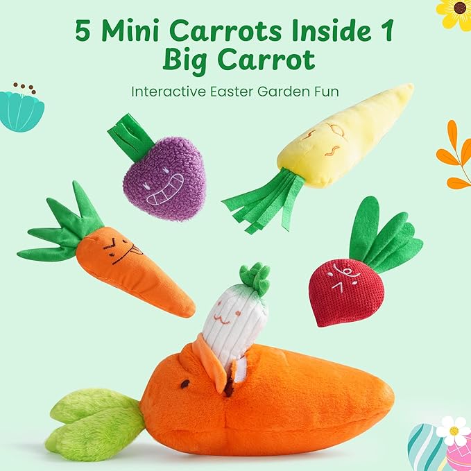 Nocciola Easter Squeaky Carrot Dog Toy Set– Hide and Seek 5 Small Carrots Inside a Large Plush Carrot with Squeaker & Crinkle Sounds for Small Medium Large Breeds, Spring Pet Gifts