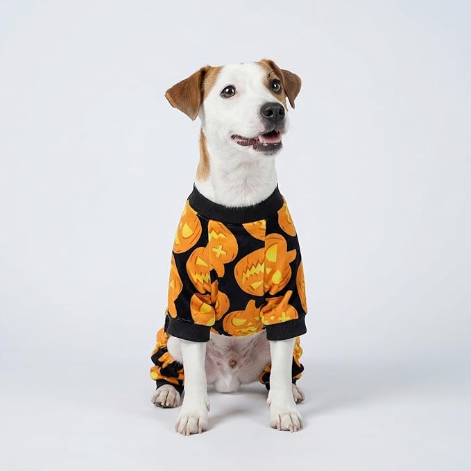 Fitwarm Halloween Pumpkin Dog Pajamas, Funny Dog Winter Clothes for Small Dogs Girl Boy, Pet Jumpsuit, Cat Halloween Costumes with Feet, Lightweight Velvet, Black, Orange, Large
