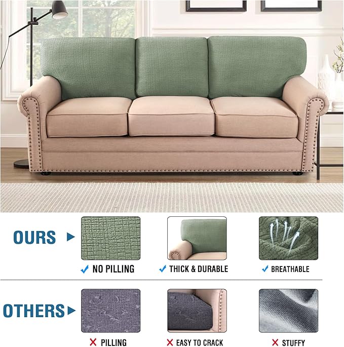 H.VERSAILTEX Jacquard 3 Piece Sofa Cover Set High Stretch Sofa Covers for 3 Cushion Couch Anti-Slip Furniture Protector with Elastic Bottom Soft Thick Fabric Crizzle Pattern(3 Back Covers, Sea Grass)