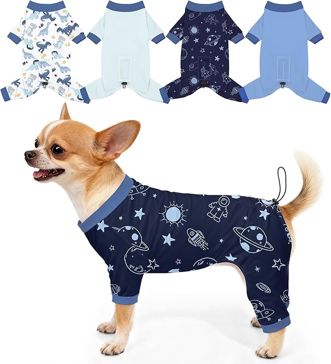 Bienbee Dog Pajamas, 4 Pack Dog Recovery Suit Shedding Suit Cute Soft Puppy Clothes Dogs Pjs Onesies Jammies Adjustable Breathable & Stretchy Clothes for Small Medium Large Dogs Girl Boy Puppy-S