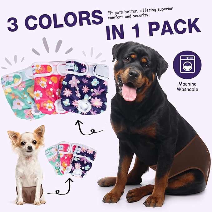 Pet Soft Washable Female Diapers (3 Pack) Female Dog Diapers, Comfort Reusable Doggy Diapers for Girl Dog in Period Heat (Bloom, L)