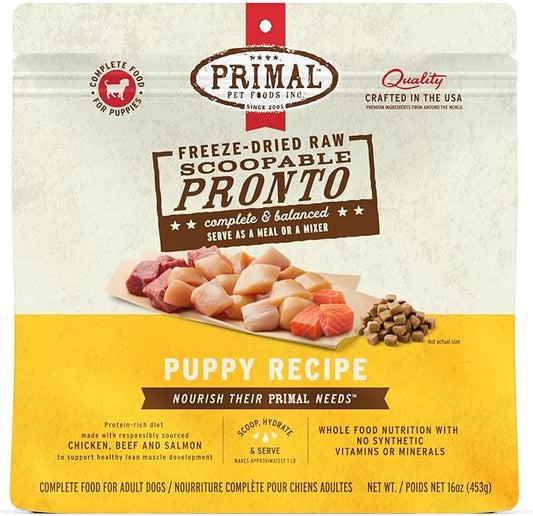 Primal Freeze Dried Puppy Dog Food, Pronto Mini Nuggets; Scoop & Serve, Complete & Balanced Meal; Also Use As Topper or Treat; Premium, Healthy, Grain Free, High Protein Raw Dog Food (16 oz)