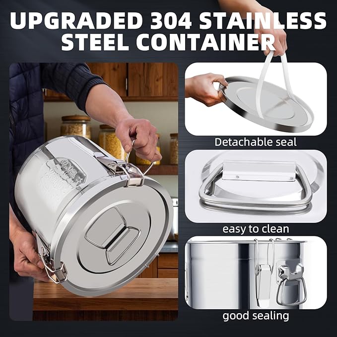 12L/3.2 Gal 304 Stainless Steel Food Containers 404 Oz Stainless Container with Lid and Lock Airtight Canister for Storage 304 Stainless Steel Food Storage Containers Stainless Bucket