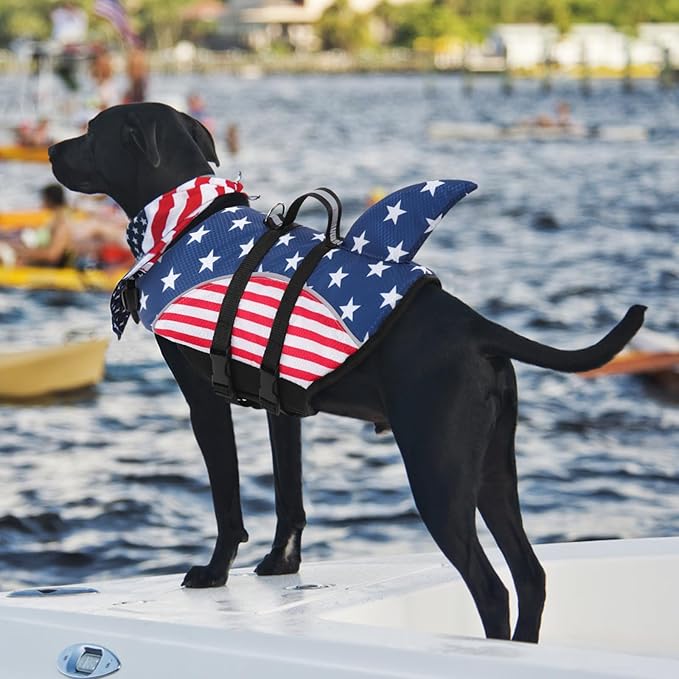 Queenmore Large Dog Life Vest for Boating, American Flag Dog Life Vest for Swimming, Lightweight Medium Dog Life Jacket with Shark Fin/Rescue Handle/Leash Hook, L